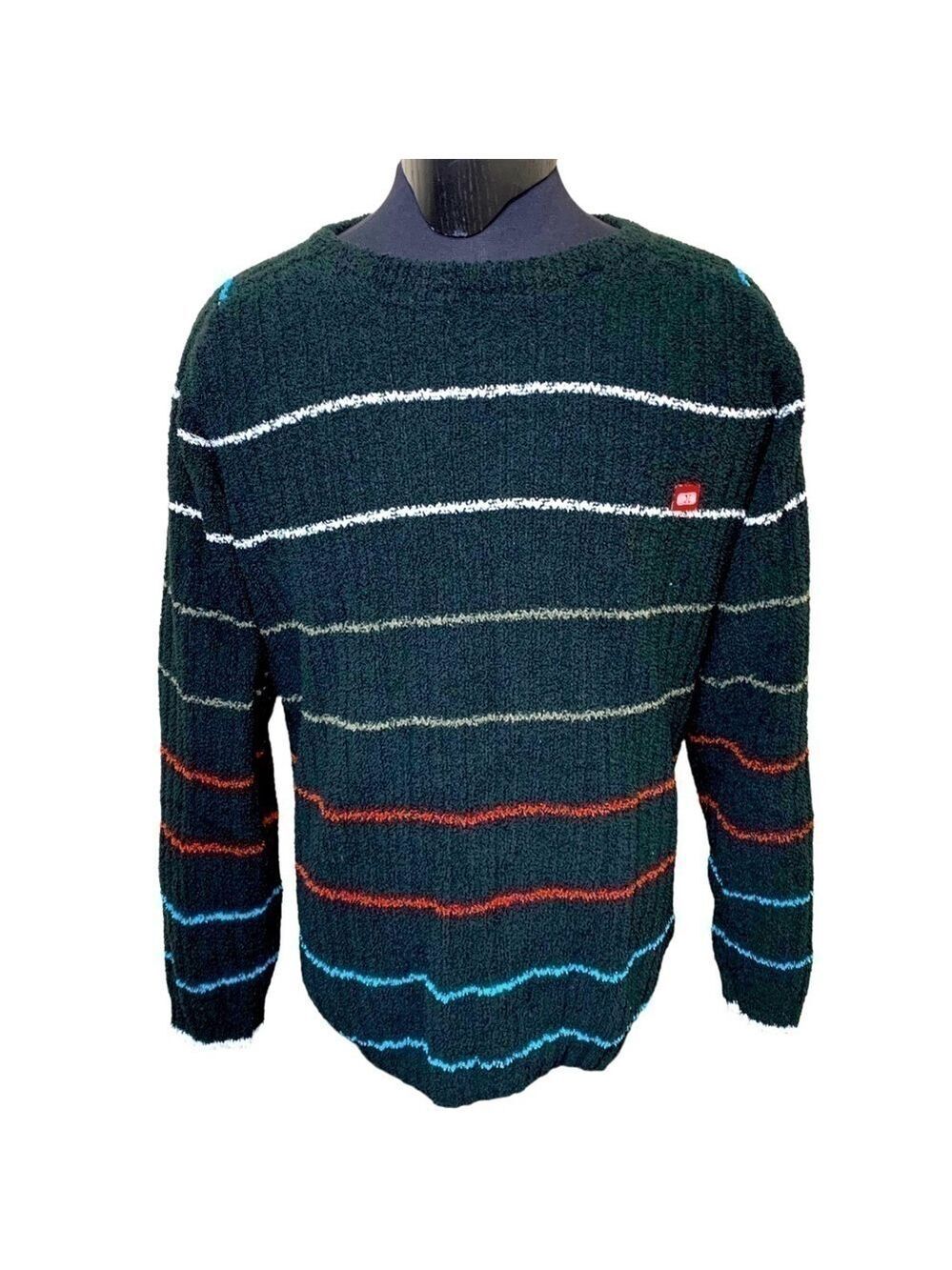 𝅺OCEAN Earth Cozy Oversized Black Stripes Chenilles Knit Wool Blend Sweater XL